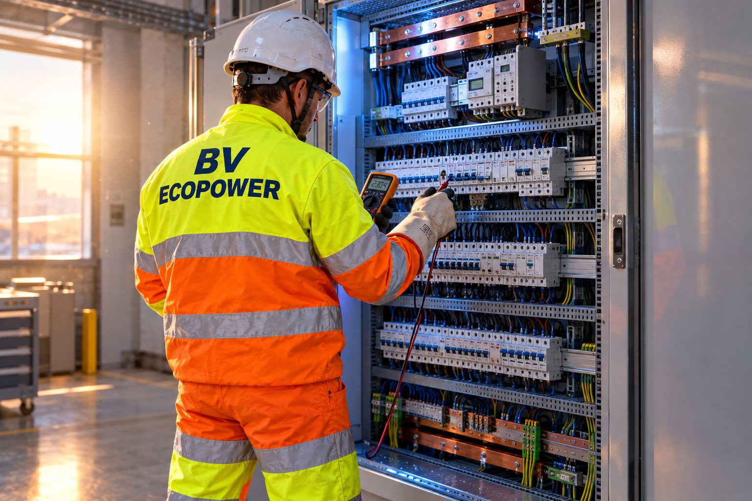 Electricista con EPIs trabajando en un cuadro eléctrico de baja tensión