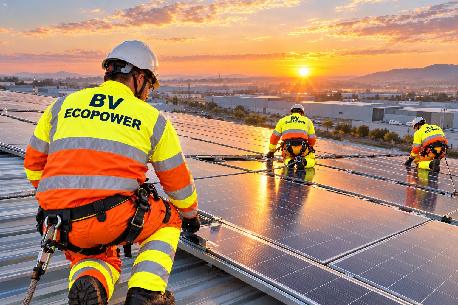 Instaladores con EPIs montando paneles solares en la cubierta de una nave industrial al amanecer